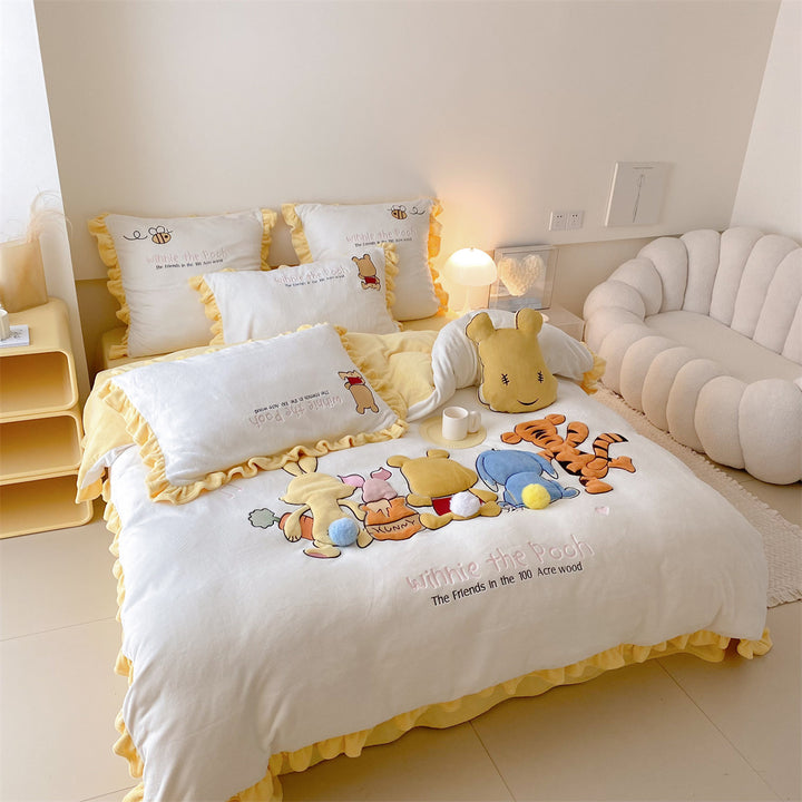 Cute quilted bedding set with plush bear applique and strawberry motif