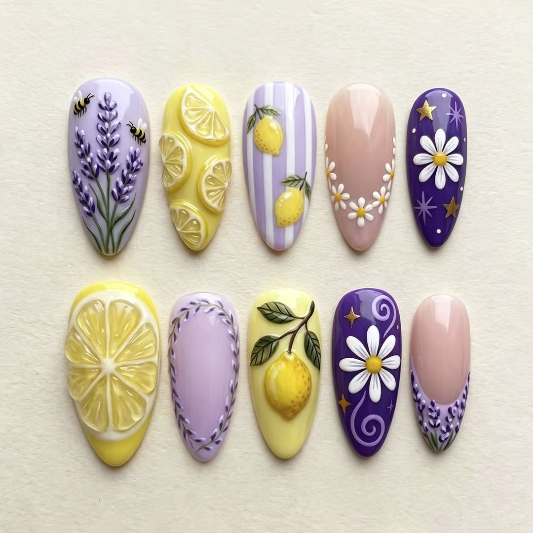Manual Nail Art Set with Floral and Lemon Designs