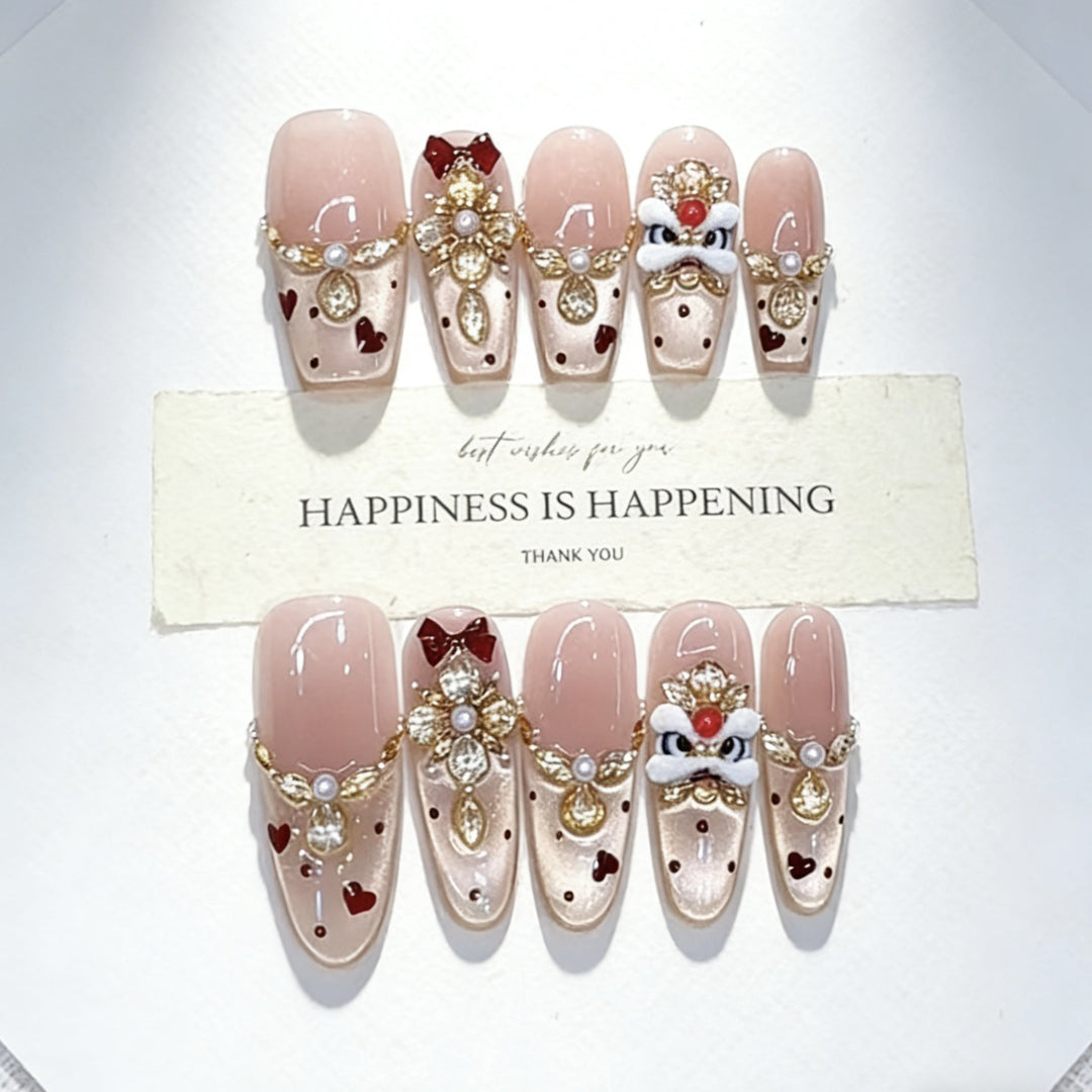 Decorative Press-On Nail Art Set with Heart and Gem Accents Kalsten