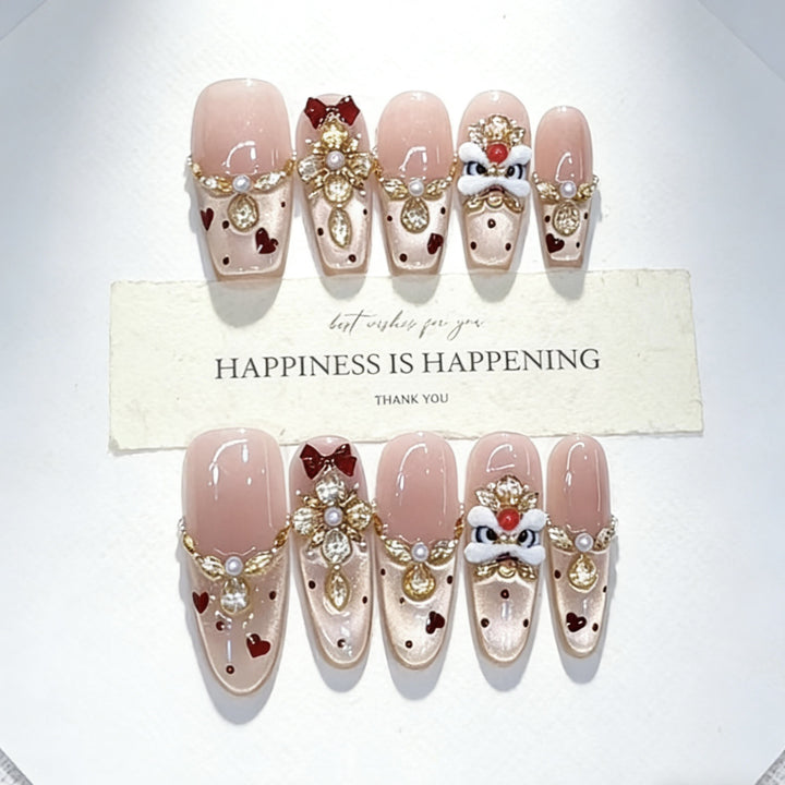 Decorative Press-On Nail Art Set with Heart and Gem Accents Kalsten