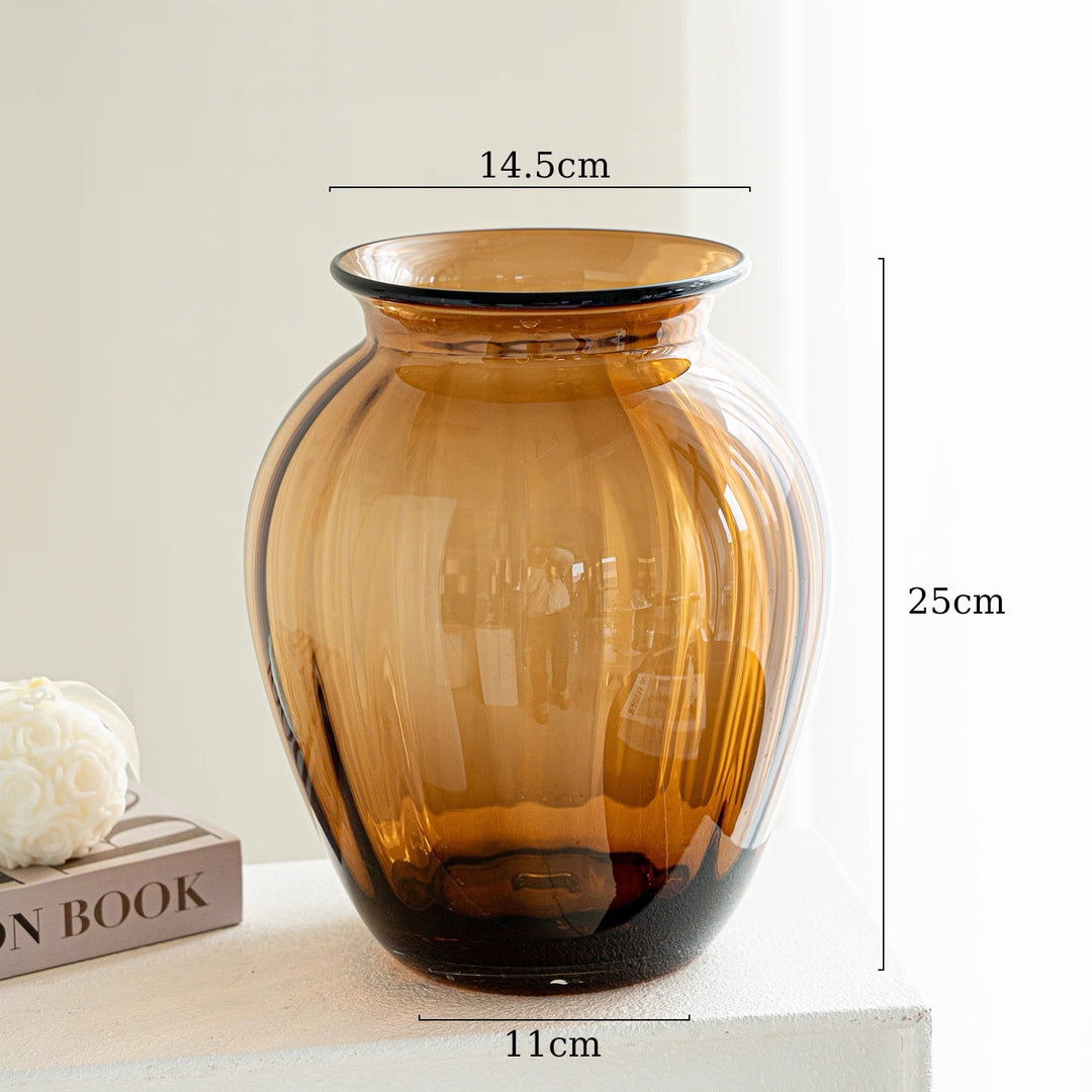 Handblown Ribbed Smoky Glass Bulb Vase with Narrow Neck Kalsten