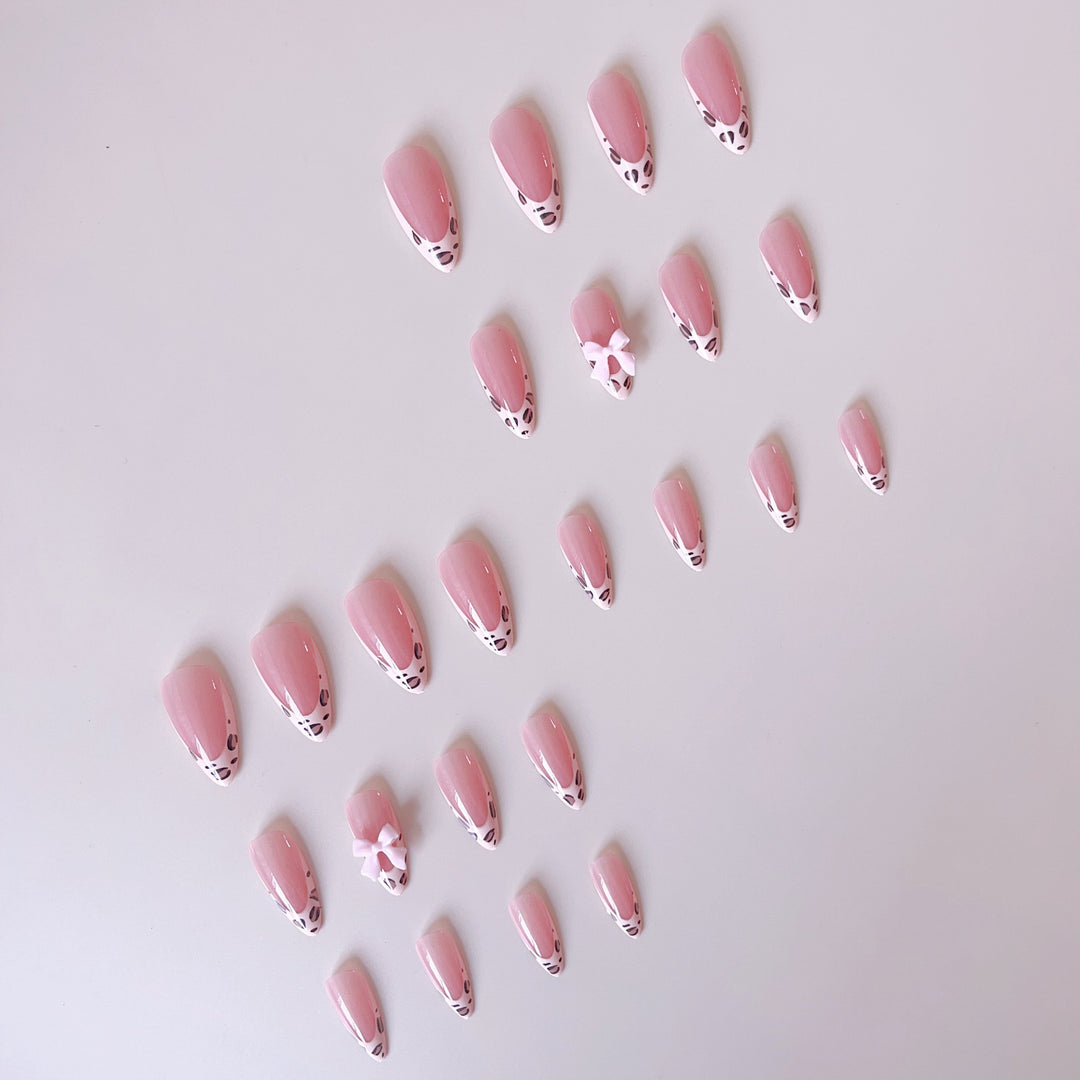 Acrylic nail set with leopard pattern and decorative bows Kalsten