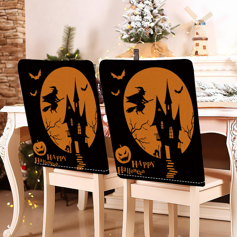 festive Halloween chair covers made of stretchable polyester with witch hat and lettering design