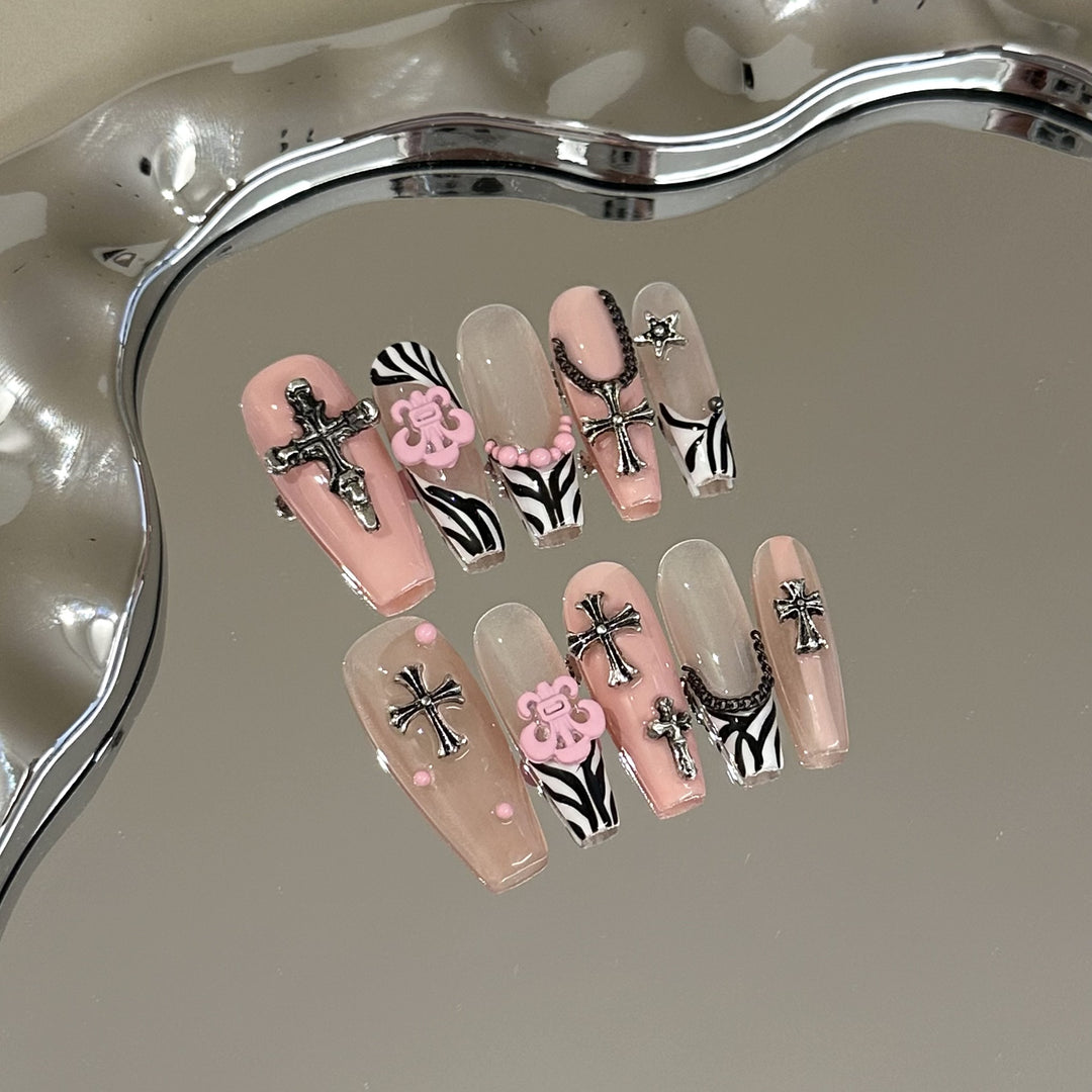 Stylish Cross-Embellished Press-On Nail Set