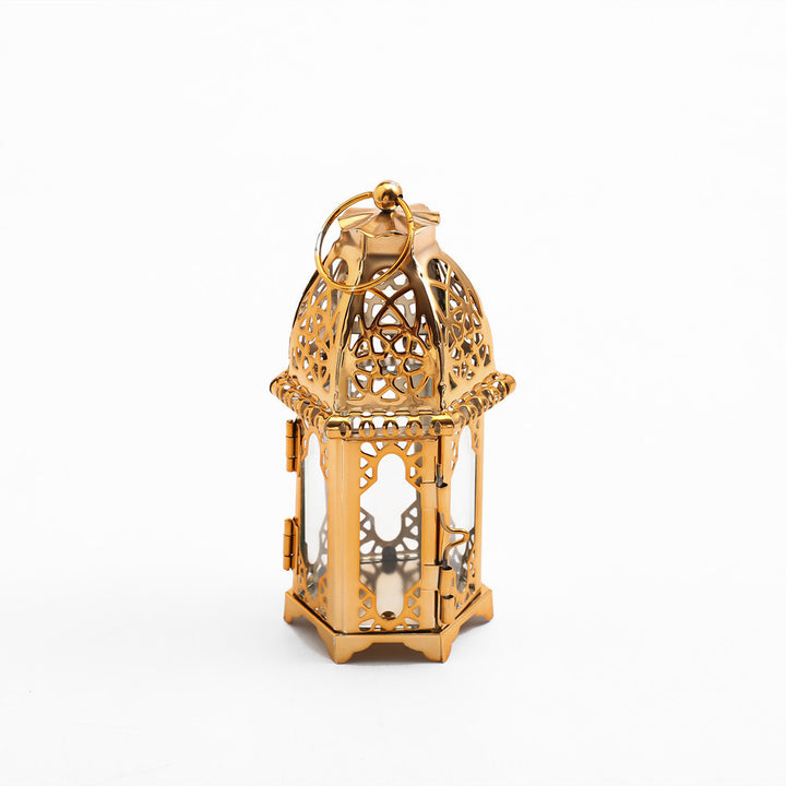 Intricate Cutwork Metal Tealight Lantern with Hinged Glass Panels Kalsten