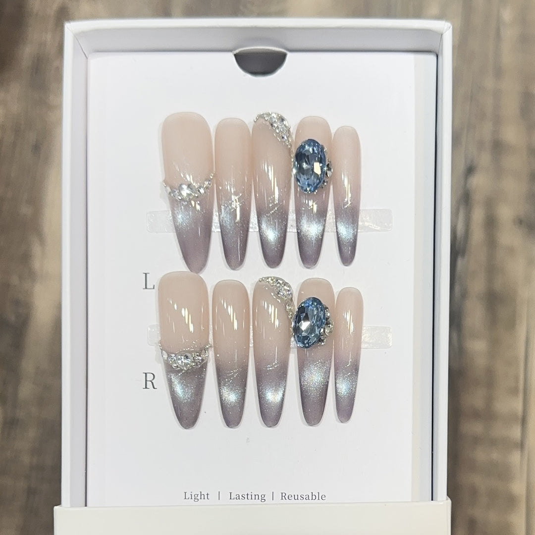 Glamorous Press-On Nail Set with Ombré Design and Rhinestone Accents Kalsten