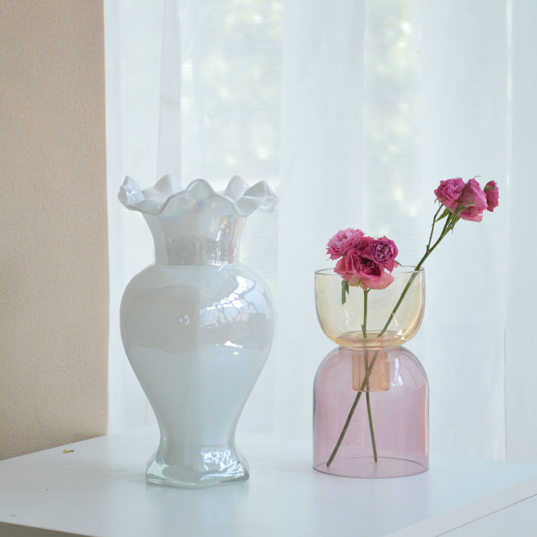 Hand-Blown Ruffled-Rim Art Glass Vase with Ombre Pink Ivory Finish Kalsten