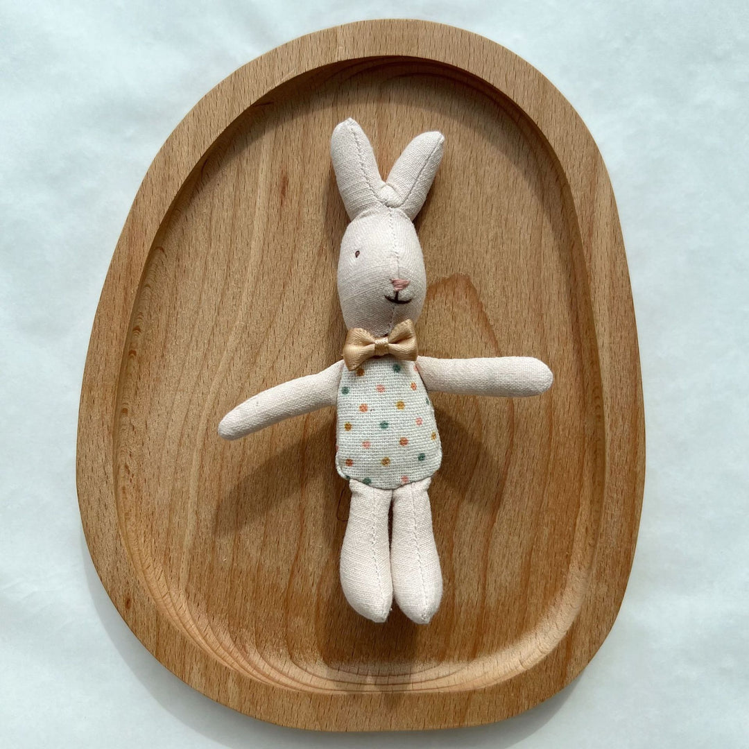 Miniature Linen Rabbit Comforter Plush with Gingham Pocket Dress and Ribbon Bow