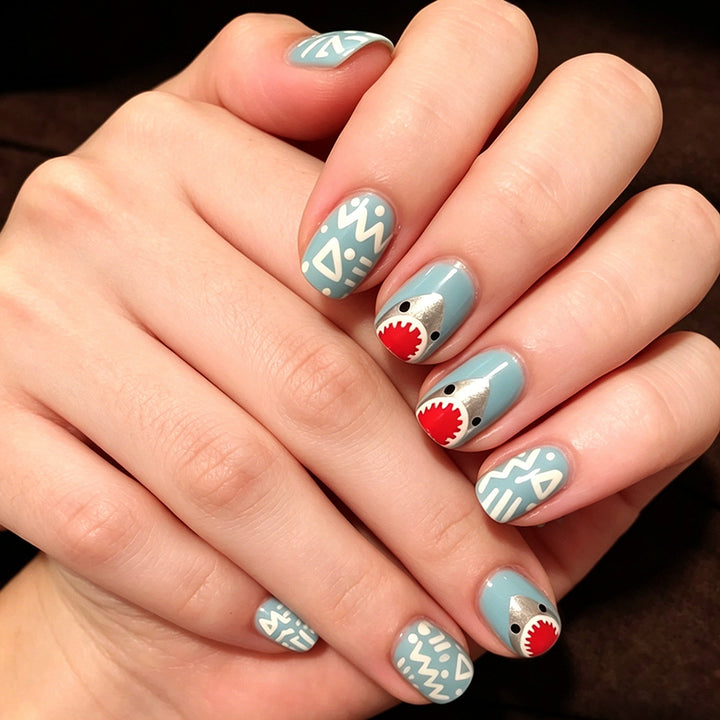 Artistic Shark-Themed Press-On Nail Design Kalsten