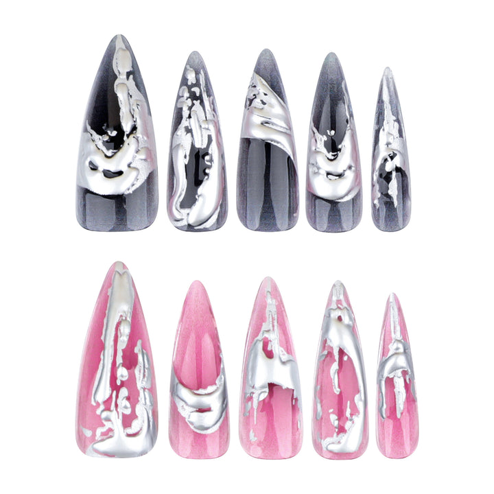 Creative stiletto nails with unique metallic details Kalsten