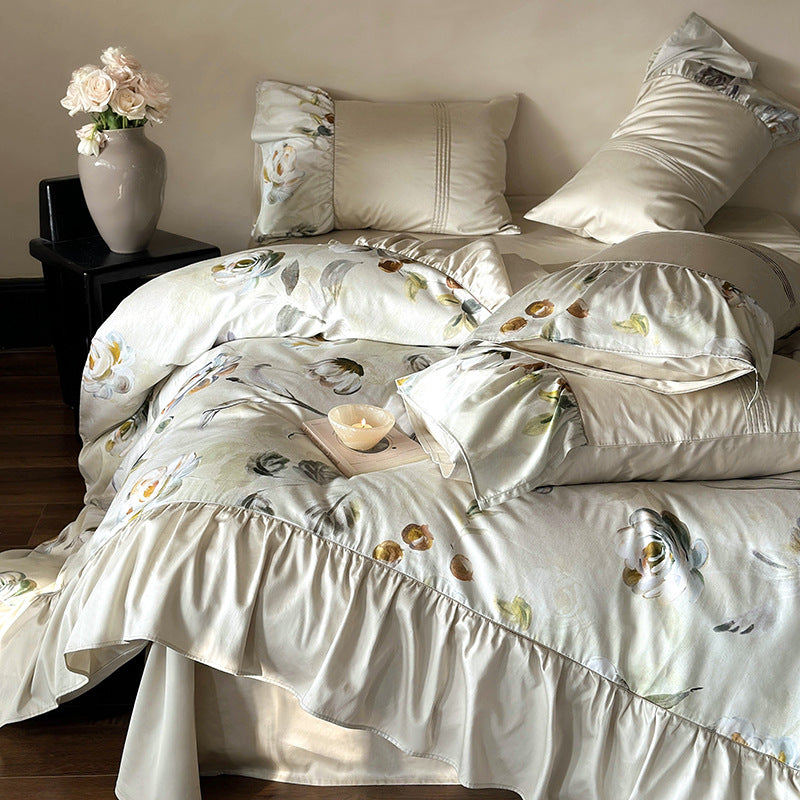 Bedding set made of silky cotton satin with floral watercolor illustration and ruffle