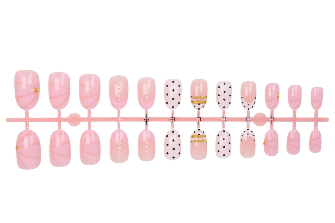 Acrylic nail set with elegant polka dot and glamorous golden accents Kalsten