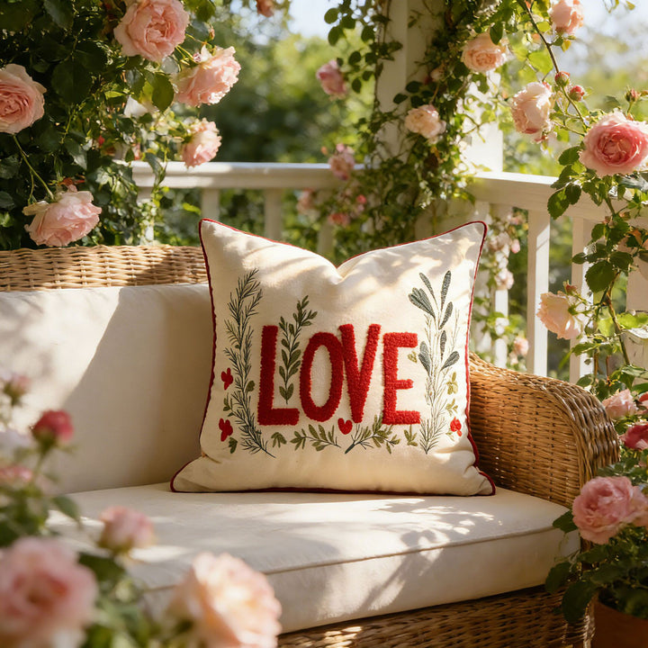 Embroidered Tufted LOVE Botanical Accent Pillow Cover