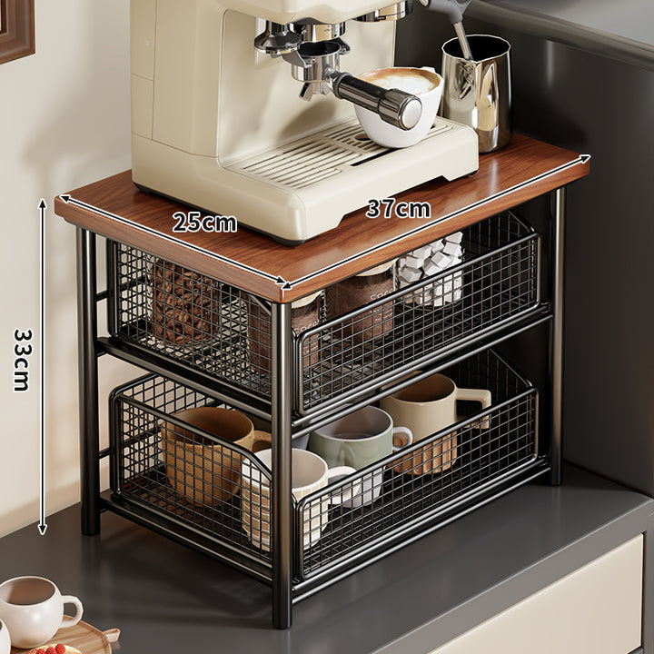 Compact Two-Tier Countertop Coffee Station Organizer with Wooden Top and Slide-Out Wire Mesh Baskets
