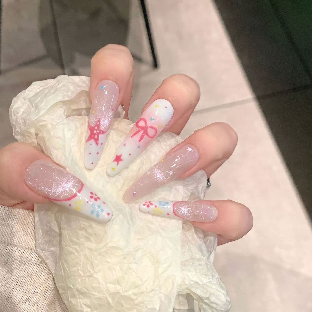 Artistic Press-On Nail Art Set with Charming Star and Bow Designs Kalsten