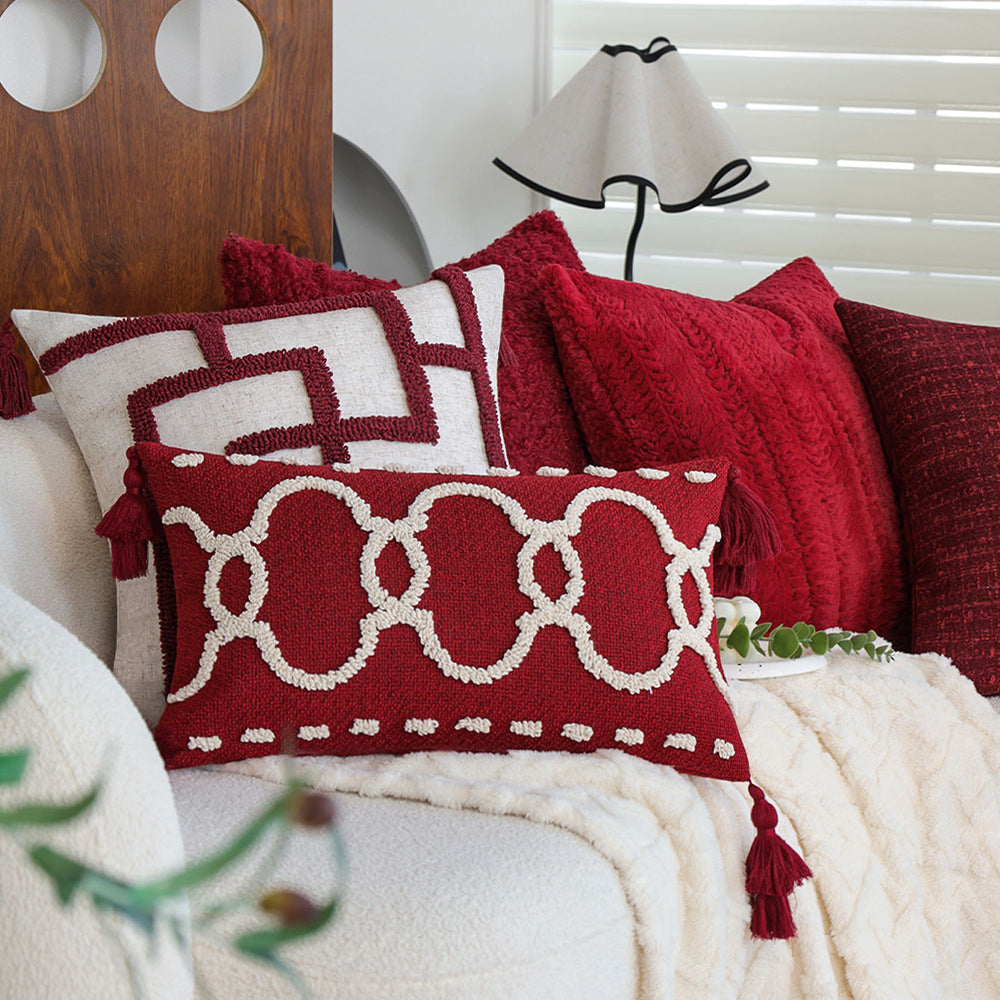 Rectangular decorative cushion with bouclé relief and tassels Kalsten