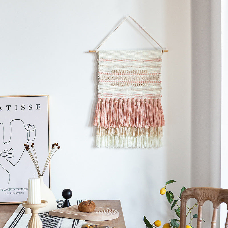 Woven Boho wall tapestry with macrame fringes and handcrafted textured relief Kalsten