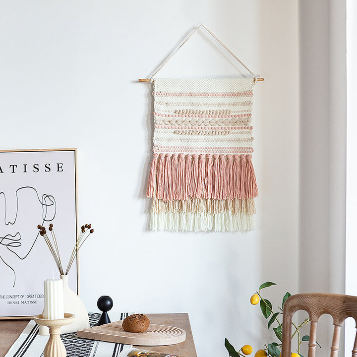 Woven Boho wall tapestry with macrame fringes and handcrafted textured relief Kalsten