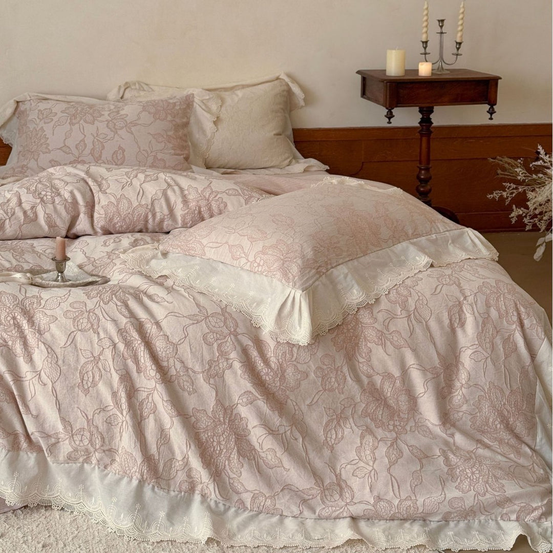 Luxurious jacquard bedding with lace trim and ruffle