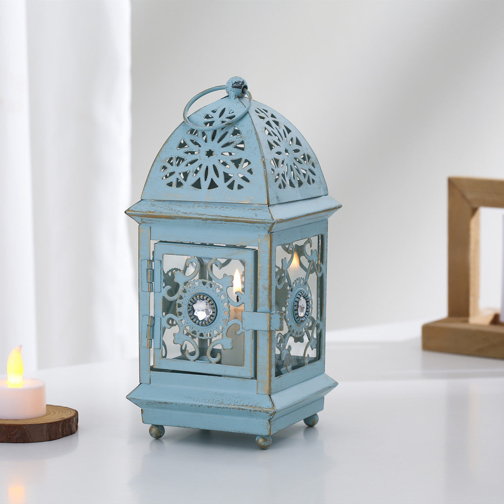 Antique-Style Decorative Metal Glass Candle Lantern with Filigree Cutouts and Hanging Ring Kalsten