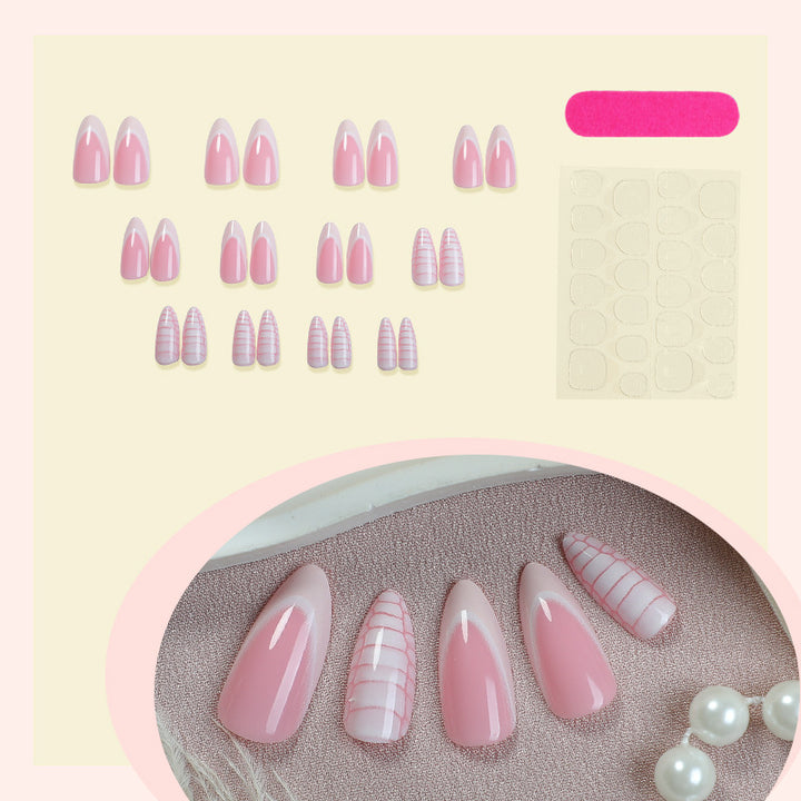 Elegant Almond-Shaped Press-On Nail Set with Striped and Solid Design kalsten