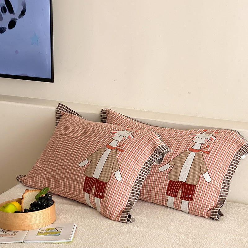 Kids' pillowcases with cute bear applique and checkered muslin look