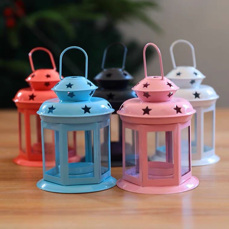 Mini Hexagonal Glass-Panelled Party Tealight Lantern with Star Venting and Carry Handle Kalsten
