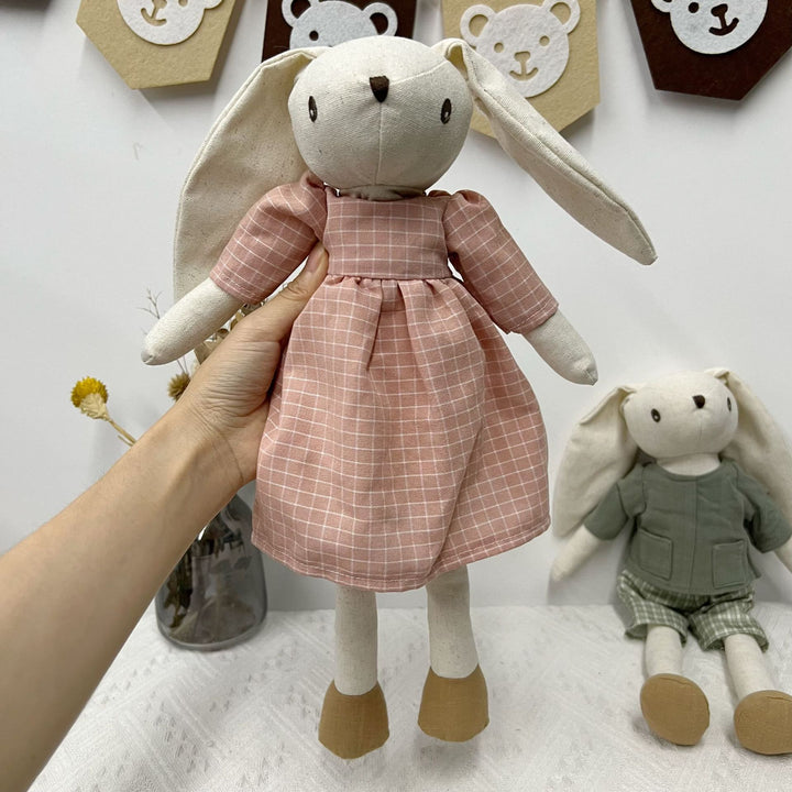 Soft Long‑Leg Linen Bunny Plush with Checkered Collar and Gathered Overalls
