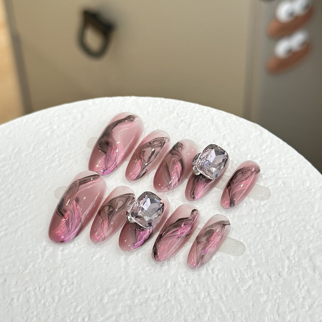Artistic Marble-Design Press-On Nail Set with Gemstone Accents