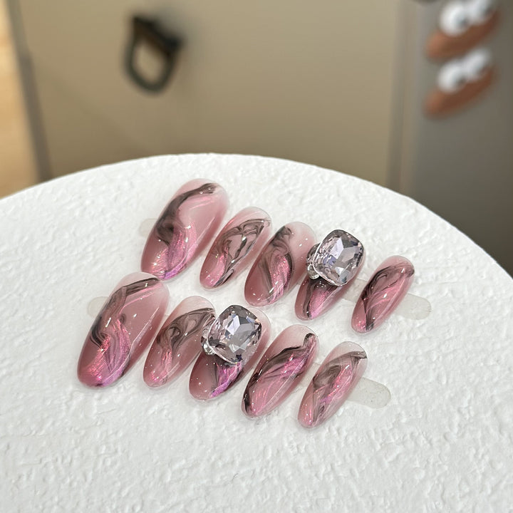 Artistic Marble-Design Press-On Nail Set with Gemstone Accents