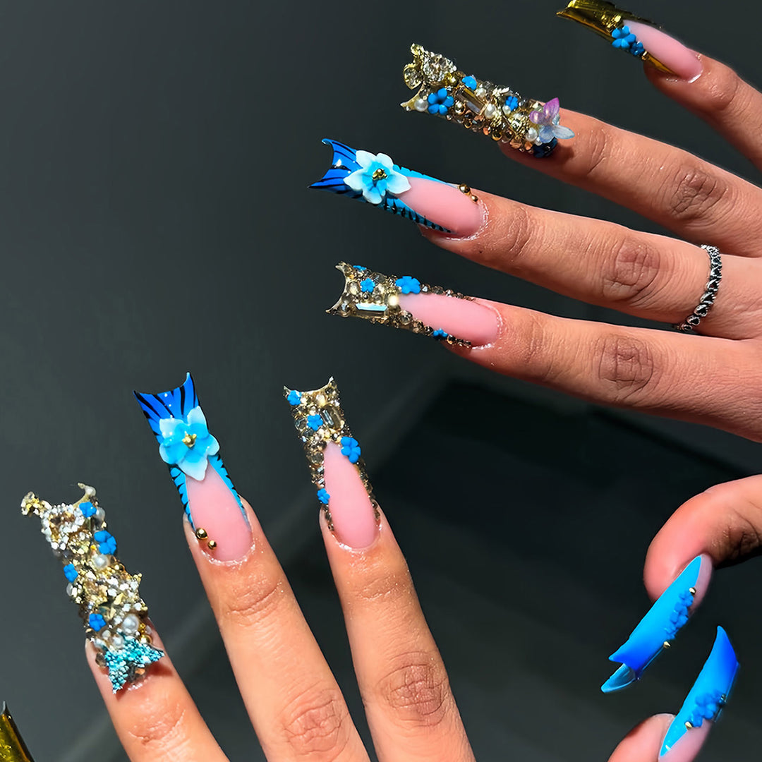Artistic 3D Decorative Press-On Nails with Gemstone Accents Kalsten