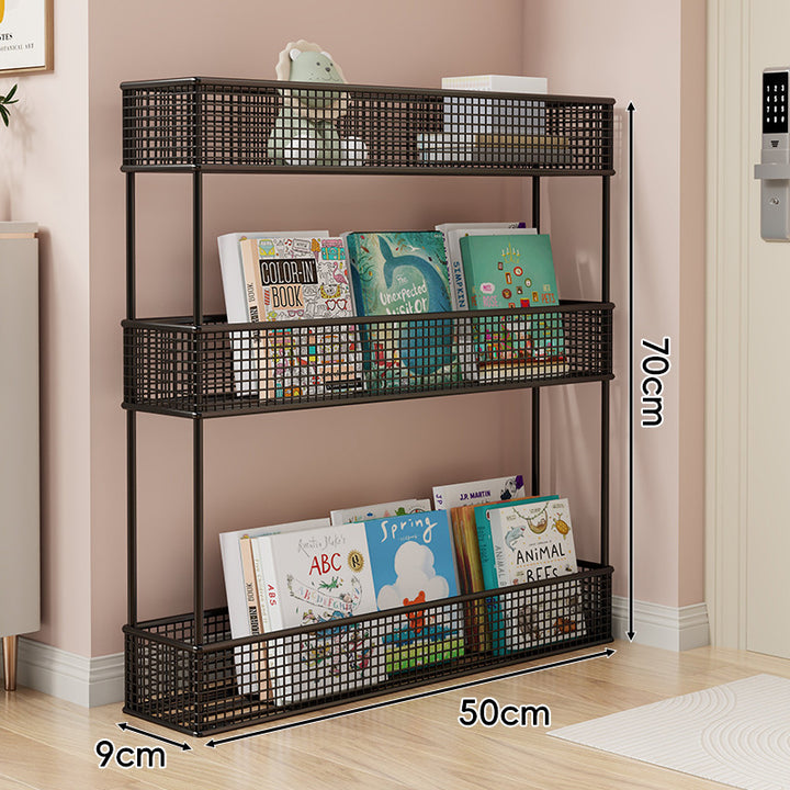 Freestanding Four‑Tier Metal Mesh Book and Display Shelf Rack