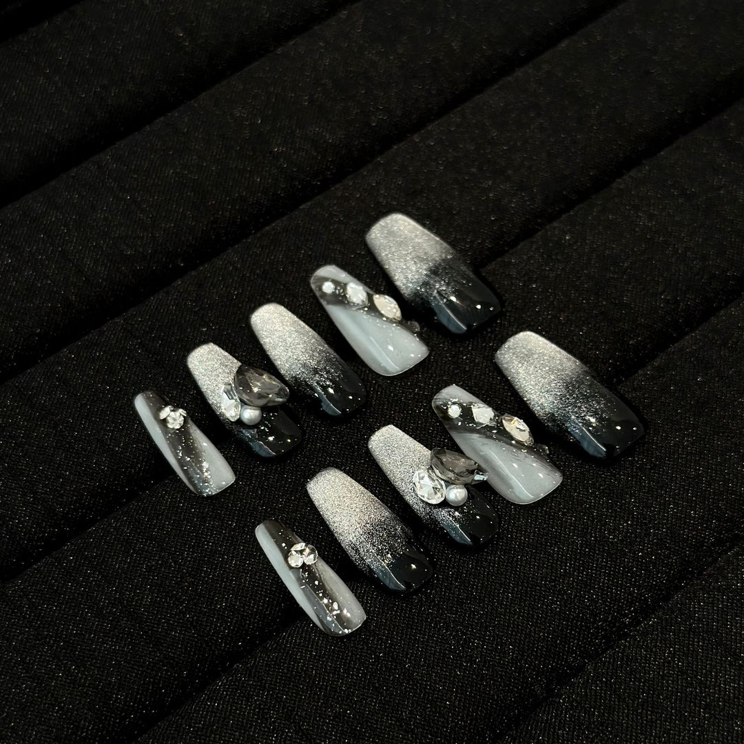 Artistic Ombre Press-On Nail Set with Gemstone Accents