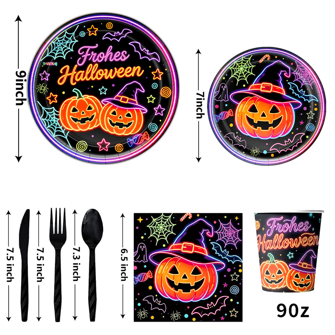 Complete Halloween Party Table Decoration Set with Neon Pumpkin Design Disposable Dinnerware and Garland