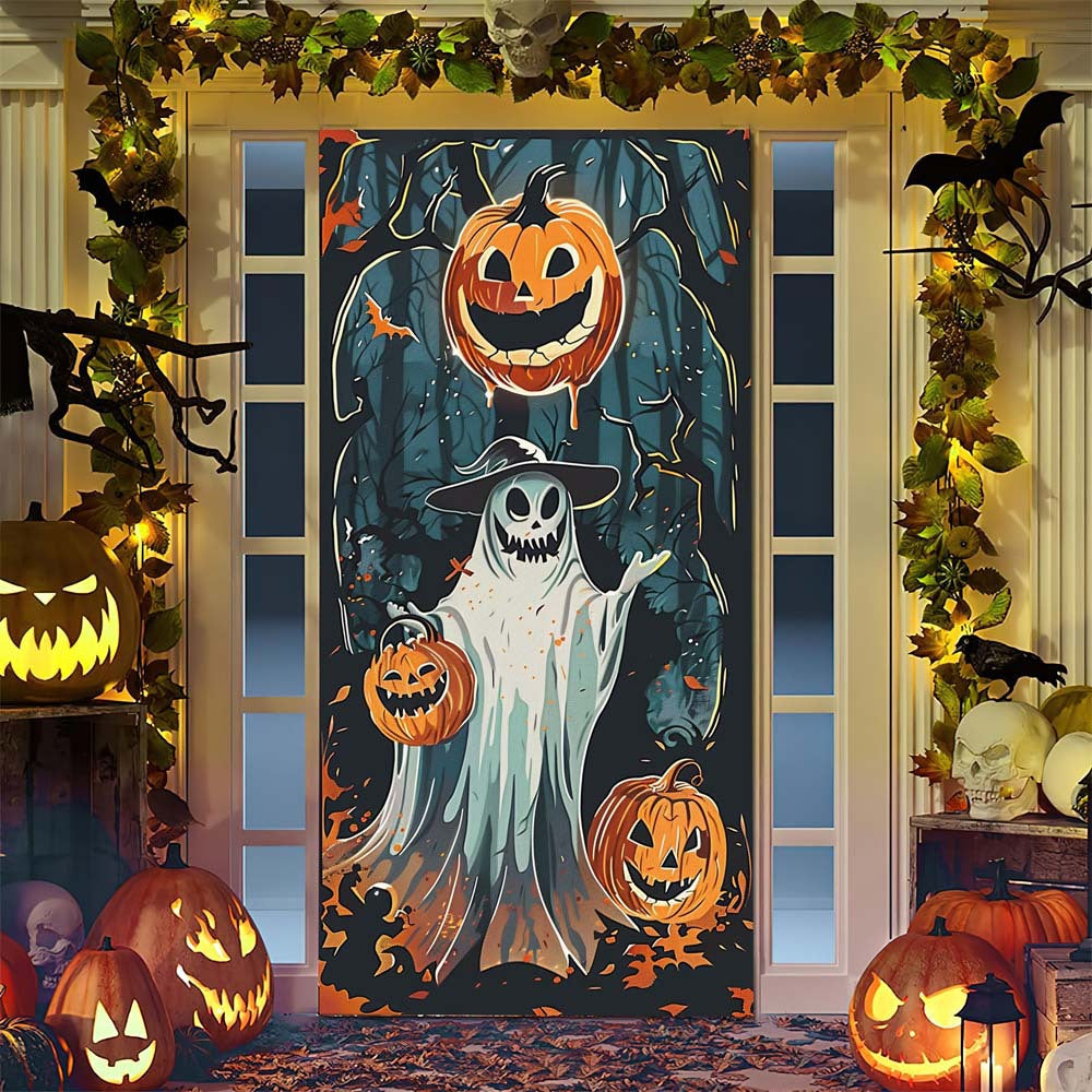 Halloween door poster with large-format Grim Reaper illustration and reusable PVC tarp fabric