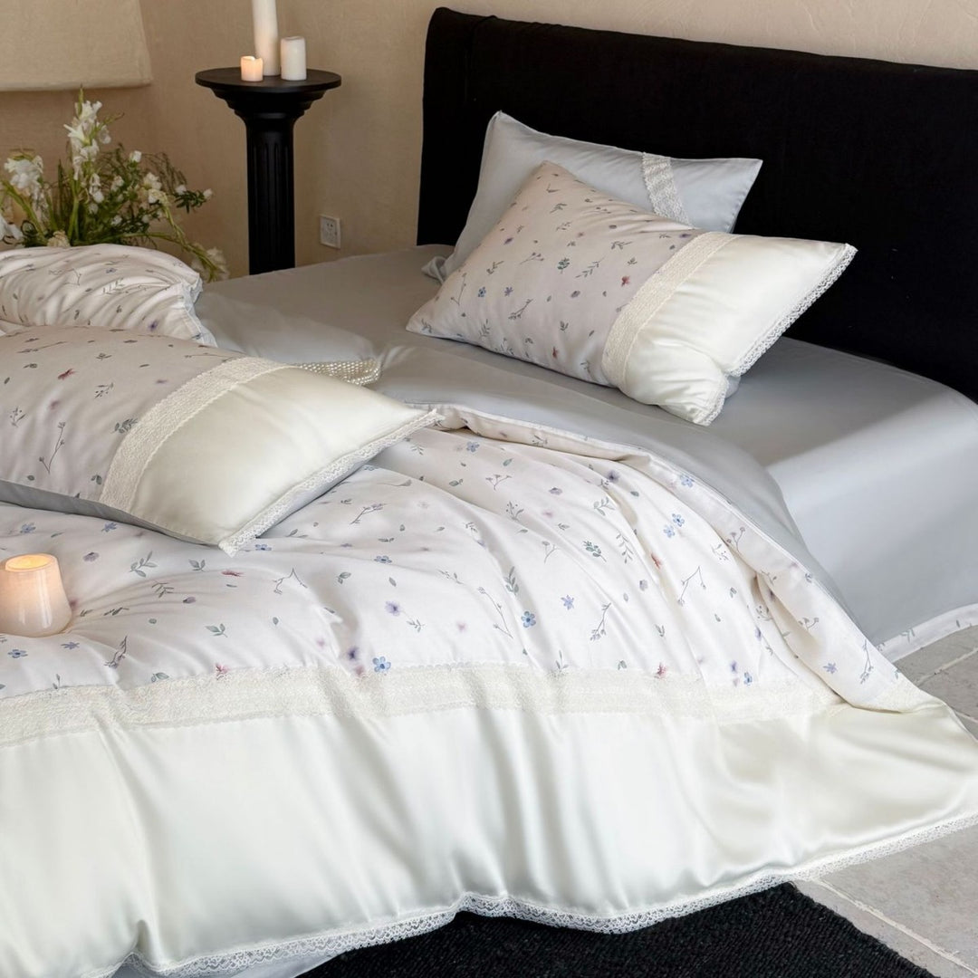 Finest cotton satin bedding set with delicate floral embroidery and lace border Kalsten