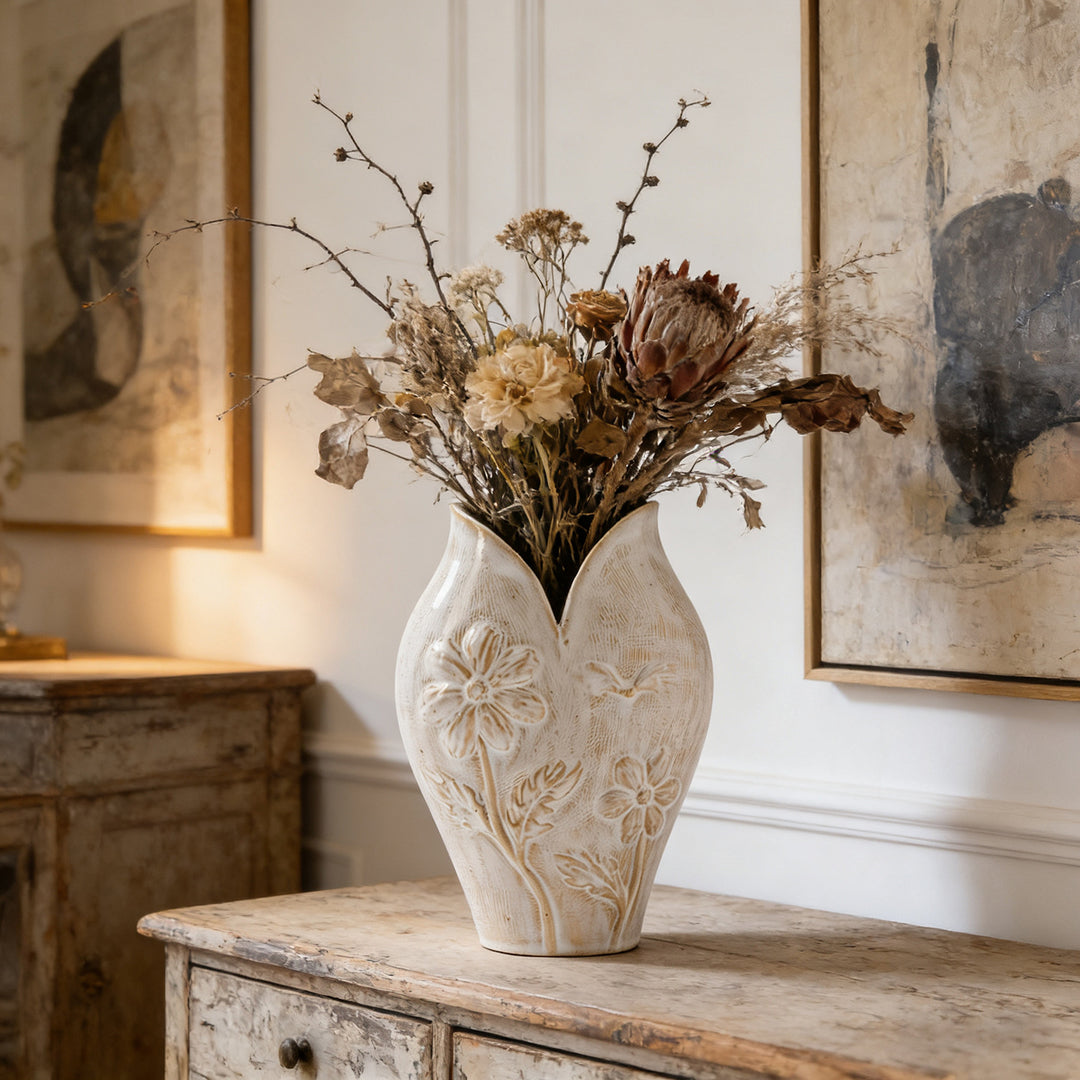 Handmade Textured Earthenware Flower Relief Bud Vase