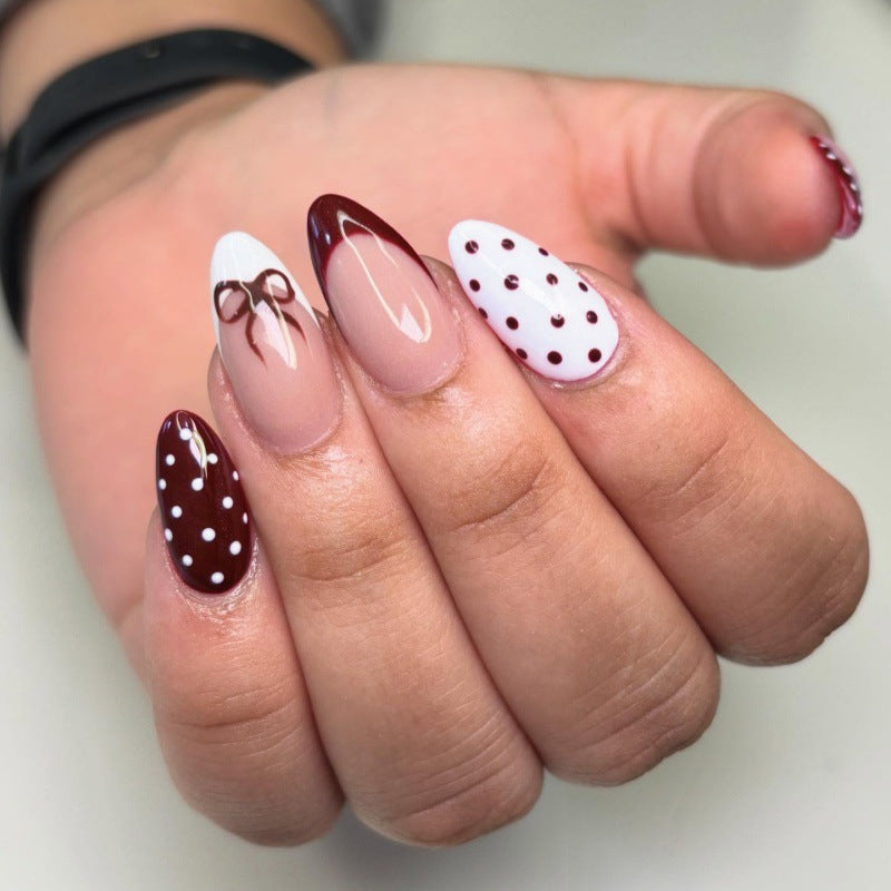 Artistic Press-On Nail Set with Bow and Dot Design Kalsten