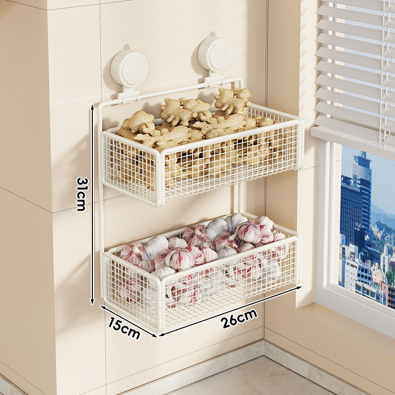 Wall-Mounted Suction Mesh Produce Storage Basket Set with Double-Tier Adjustable Rack
