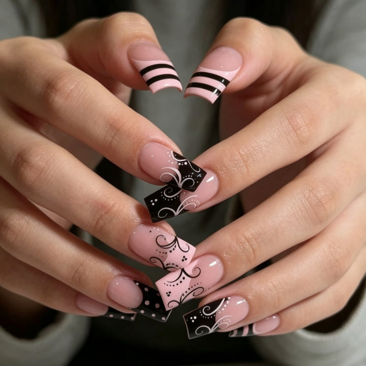 Artistic Long Square Press-On Nails with Whimsical Patterns Kalsten