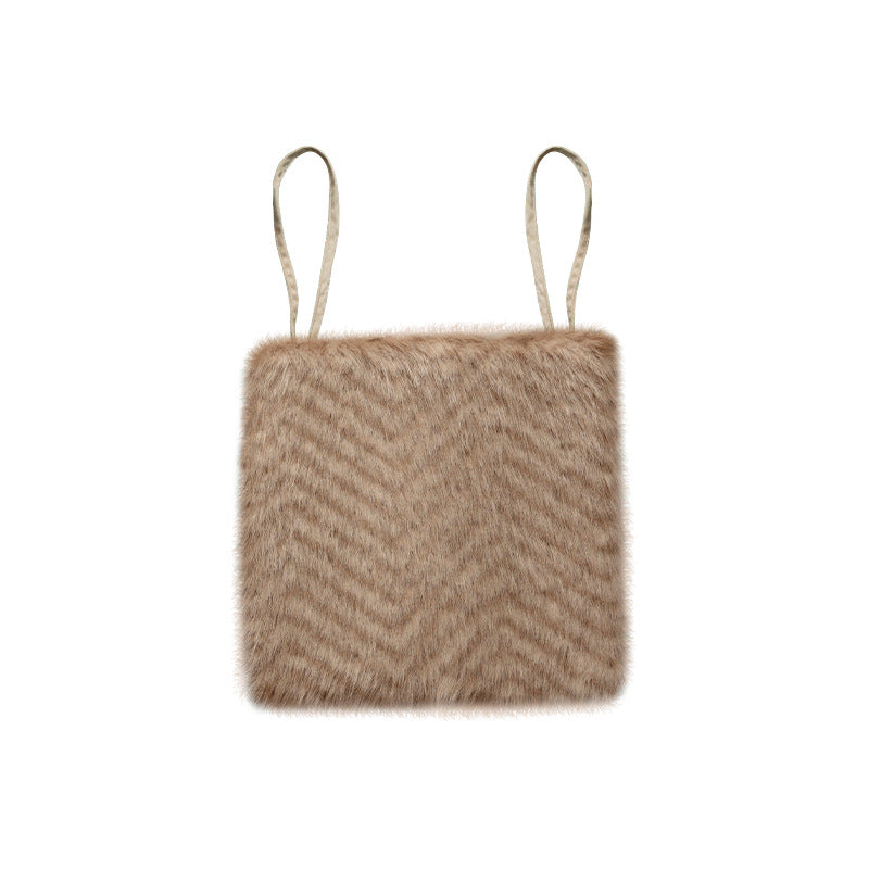 Square chair cushion made of cozy artificial fur with non-slip base and strap attachment Kalsten