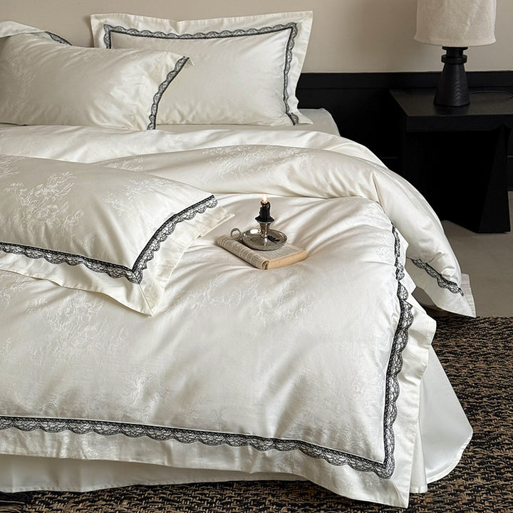 Jacquard cotton satin bedding set with fine lace trim