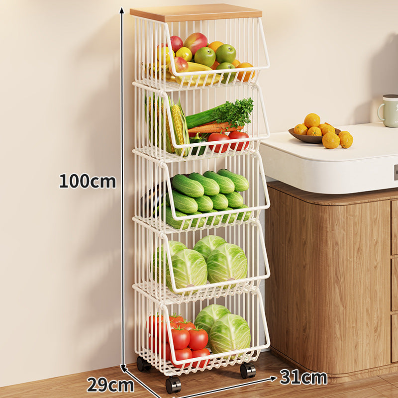 Compact Triple-Tier Rolling Wire Vegetable and Fruit Storage Cart with Wooden Top