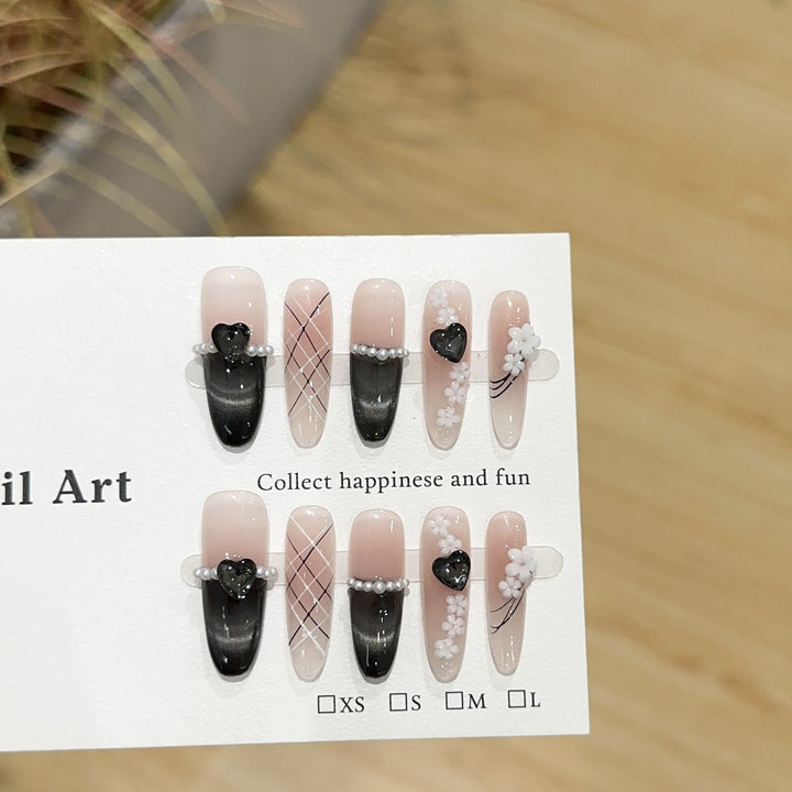Artistic Press-On Nail Art Set with Floral and Heart Accents