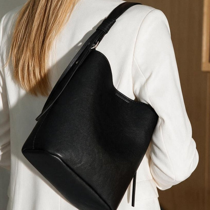 Structured Leather Shoulder Bucket Bag with Knotted Strap