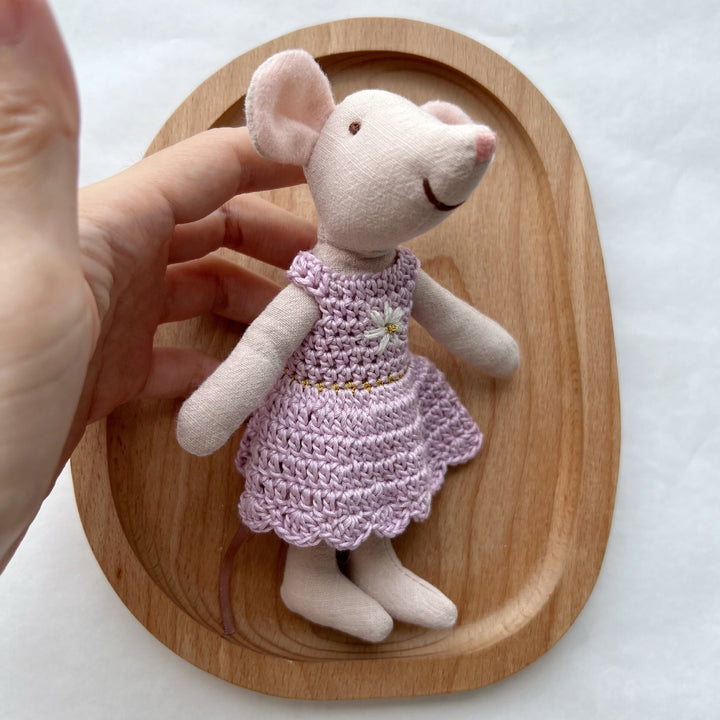 Handcrafted Linen Cotton Mouse Doll with Crochet Dress and Embroidered Flower