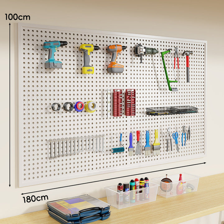 Wall-Mounted Perforated Metal Tool Pegboard Organizer Panel with Modular Hooks and Wire Baskets