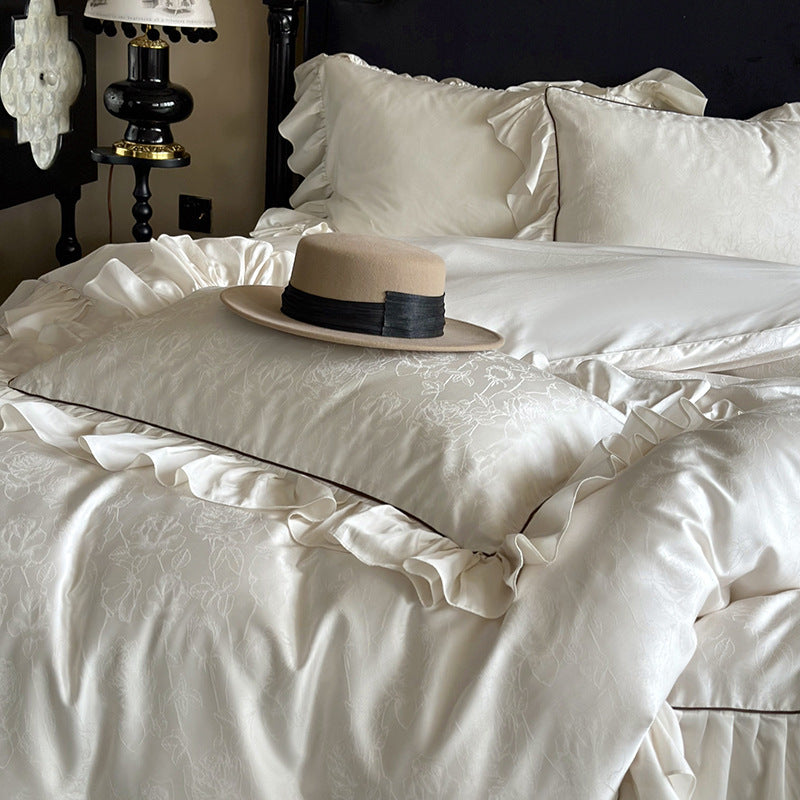 Luxurious bedding set with ruffles and jacquard pattern