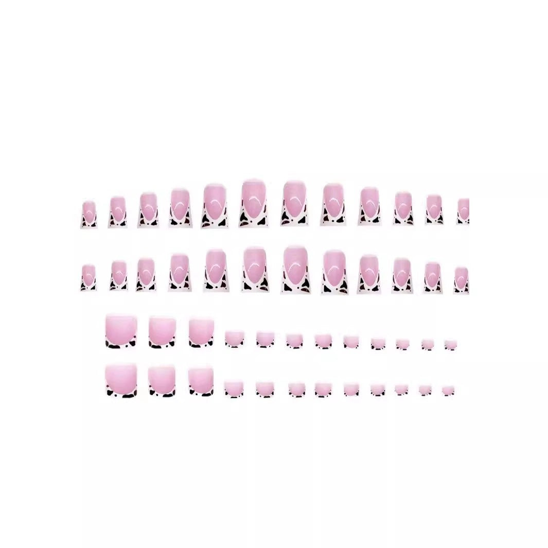 French Tip Press-On Nail Art with Cow Print Accents Kalsten
