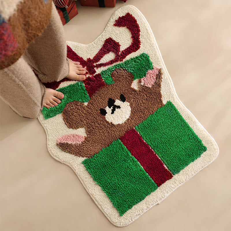 Playful gift-shaped doormat with tufted teddy bear motif Kalsten